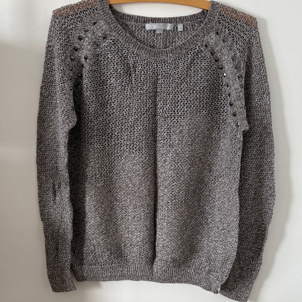 DL1961 Gray Open-Knit Crewneck Sweater with Stud Detail